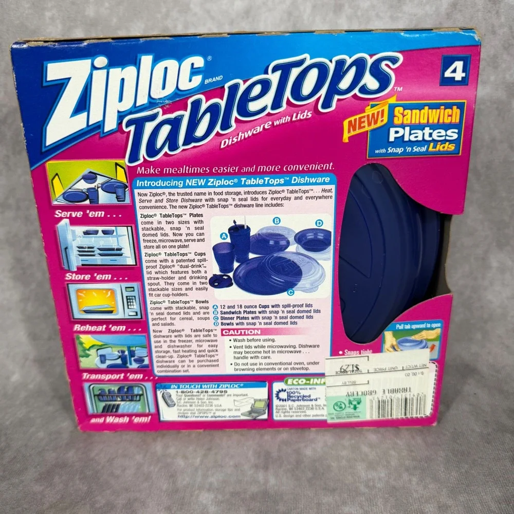 Vintage Ziploc TableTops Sandwich Plates with Snap 'n Seal Lids - Set of 4 NEW